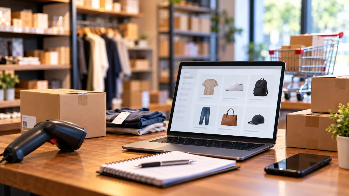 Computador exibindo disponibilidade de produtos ao lado de roupas e caixas em um estoque integrado de loja física e online.