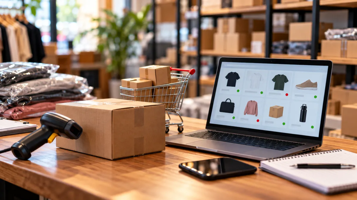 Notebook com catálogo de roupas e acessórios ao lado de mercadorias e leitor de código de barras em uma loja.