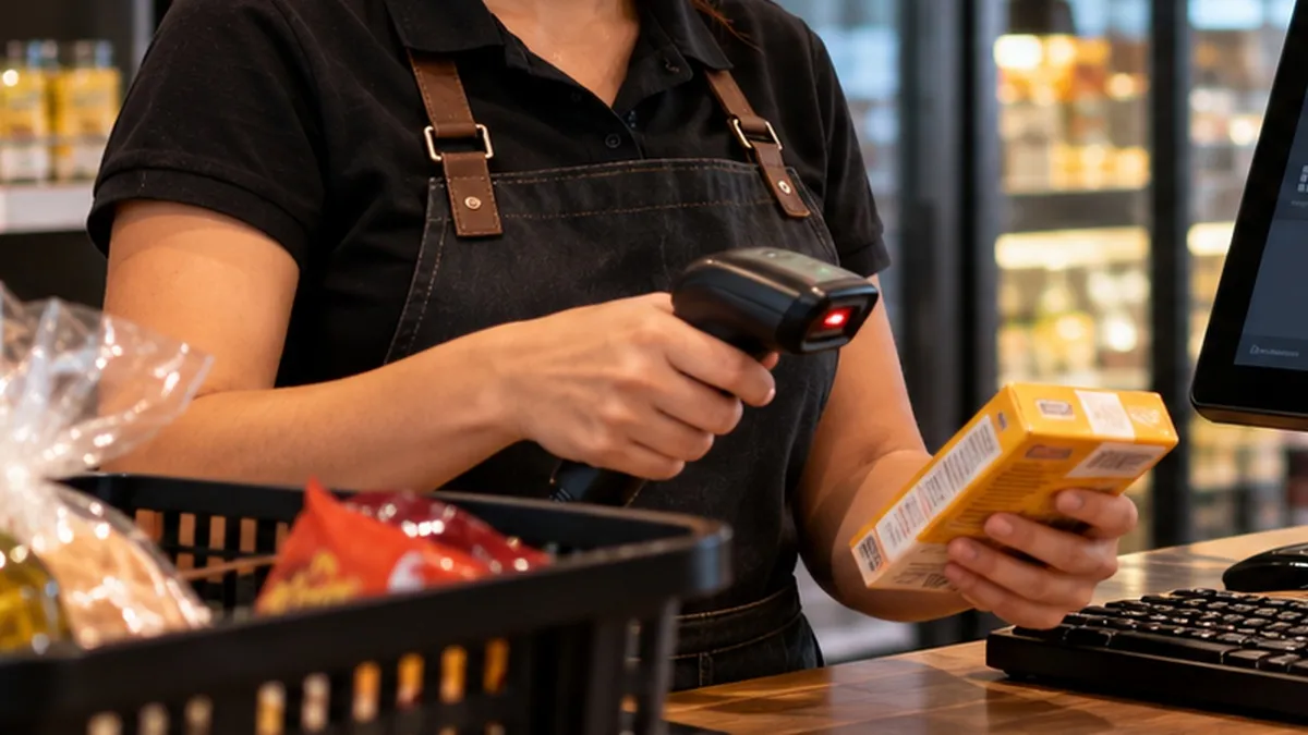 Atendente utilizando leitor de código de barras para registrar um produto no PDV.