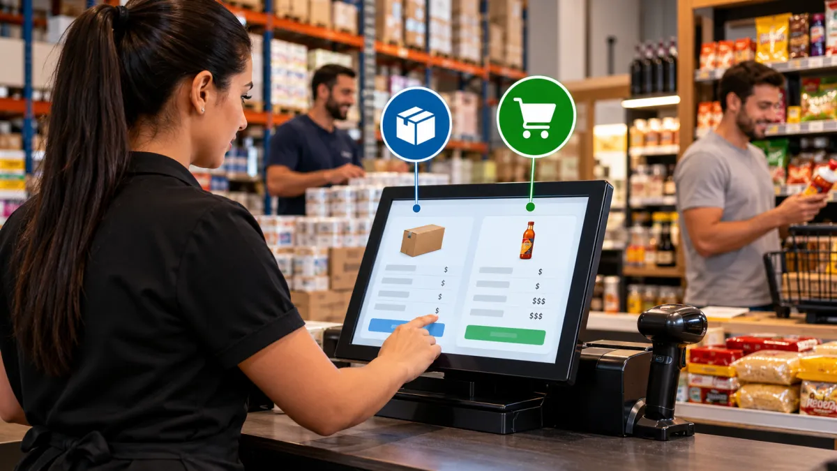 Caixa de estabelecimento comercial com produtos vendidos por unidade e em maior quantidade.