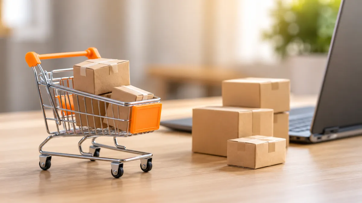 Carrinho de compras com caixas de papelão e encomendas sobre mesa, com laptop ao fundo, indicando logística e envio de produtos.