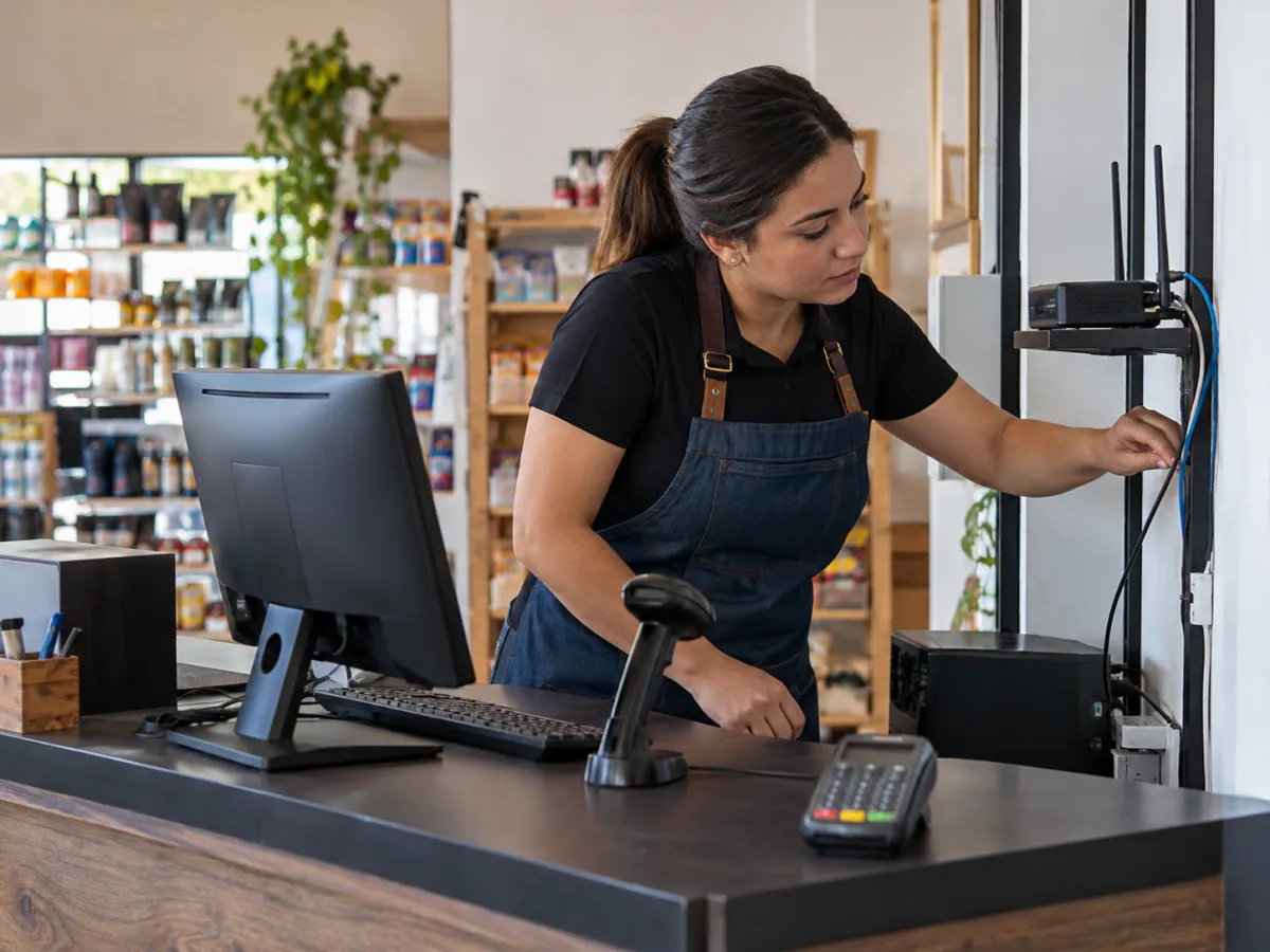 Funcionária verificando conexão do equipamento