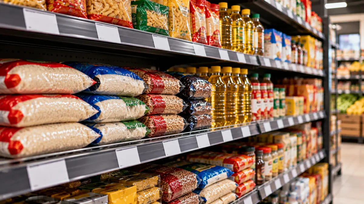 Corredor de supermercado com grãos e óleos
