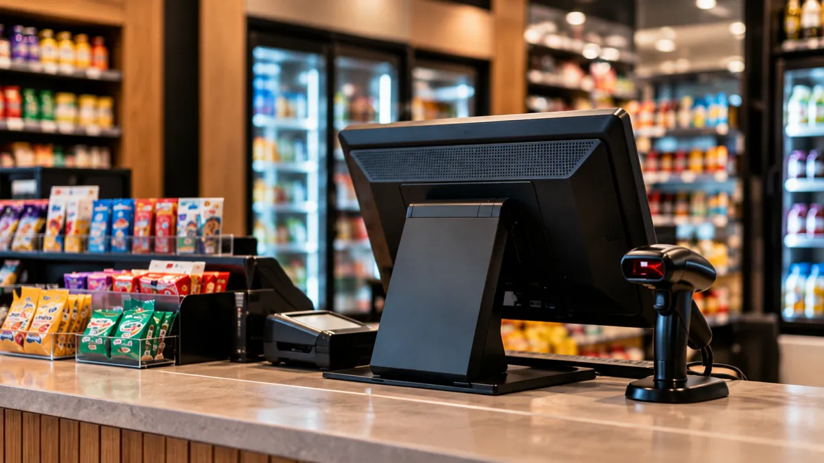 Caixa de supermercado moderna com snacks