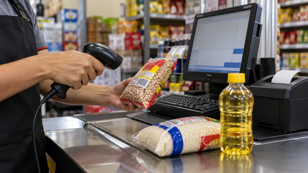Operador de caixa verificando produto com leitor de código de barras em mercadinho