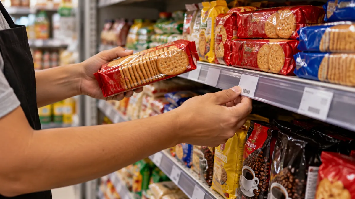 Funcionário conferindo etiquetas de preços em prateleira de mercadinho