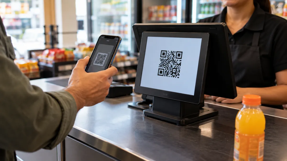 Cliente usando um leitor de QR code no caixa de supermercado, apontando o celular para código na tela do scanner. Atendimento em loja com atendente ao fundo.