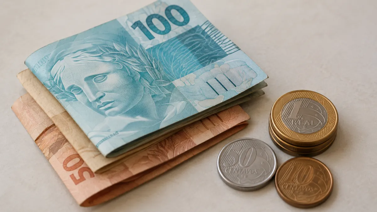 Cedulas de 100 reais e 50 reais sobreposatas e moedas de 1 real e 50 centavos, em fundo claro, representando dinheiro e economia.