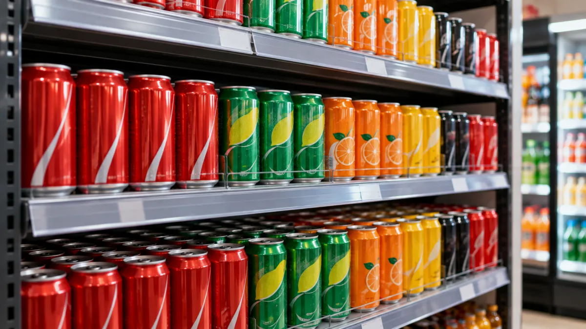 Prateleiras de supermercado com latas de bebidas coloridas, incluindo refrigerantes vermelhos, verdes, laranjas e amarelos, enfileiradas no corredor.