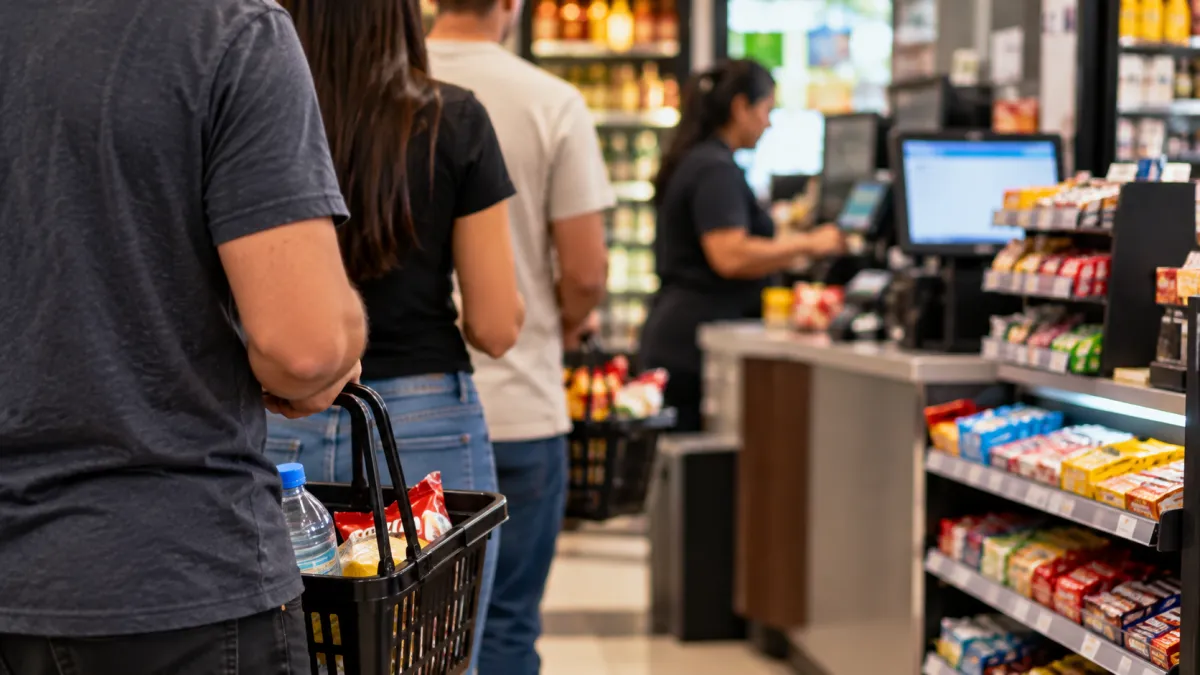 Cliente em mercado de conveniência com carrinho de compras, ao lado de prateleiras com produtos e caixas no balcão, ambiente de autosserviço