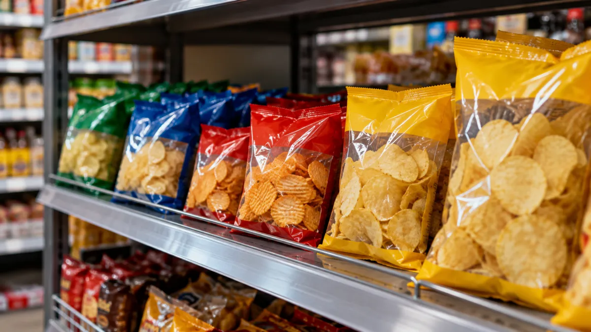 Pneus de supermercado com salgadinhos em pacotes coloridos, incluindo batatas chips amarelas, verdes, azuis e vermelhas expostas em prateleira metálica