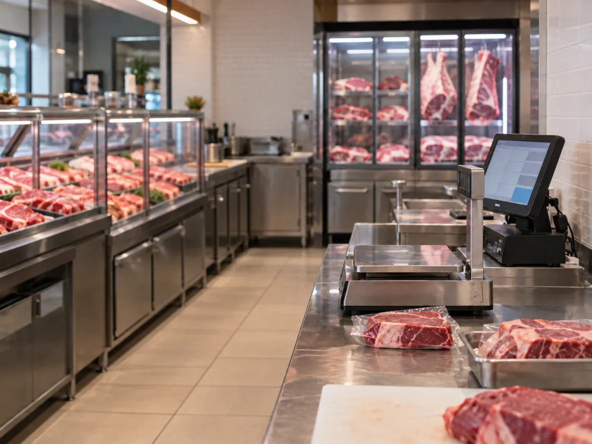 Açougue moderno com carnes frescas e balança digital