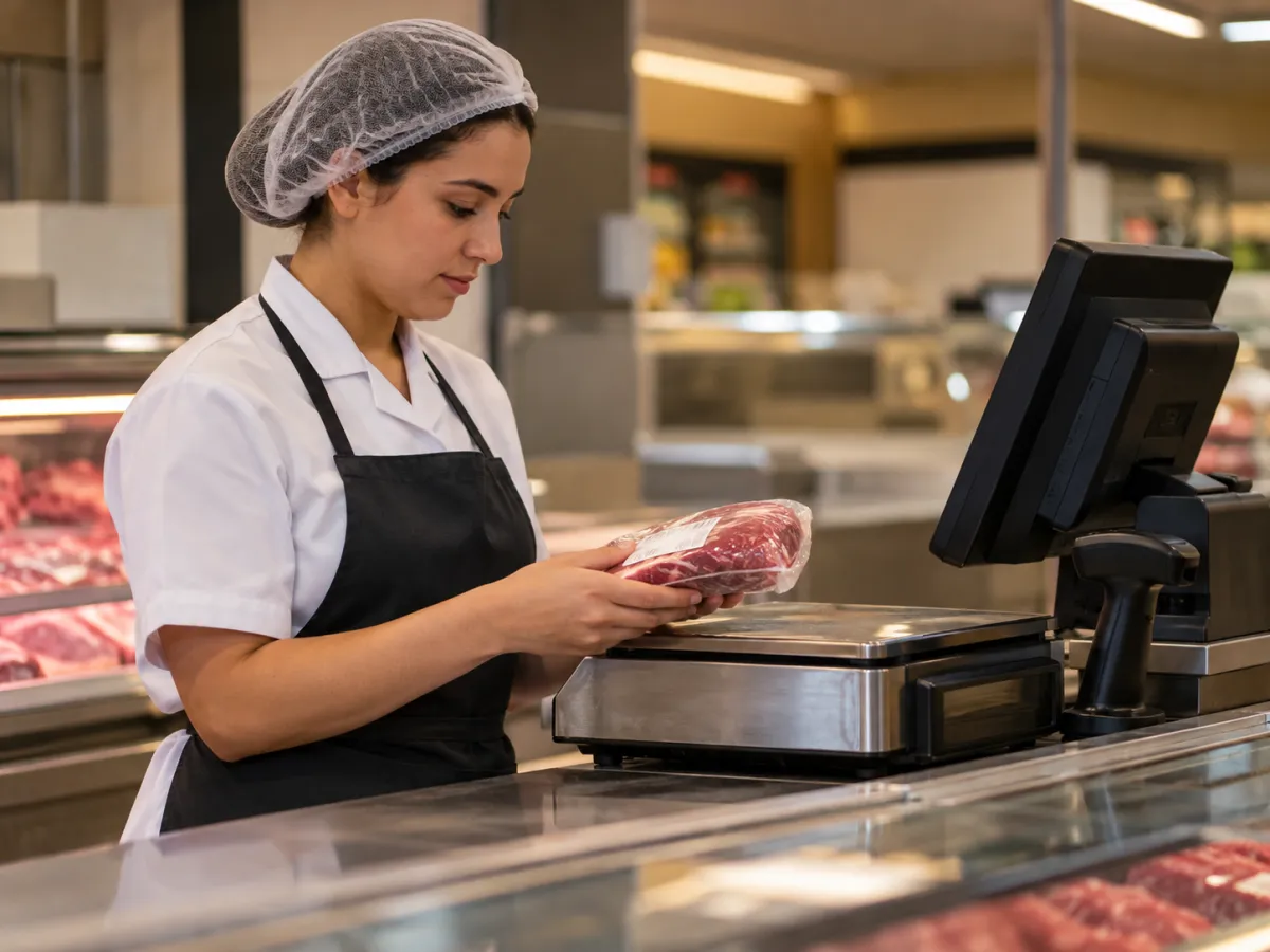 Atendente conferindo produto no caixa