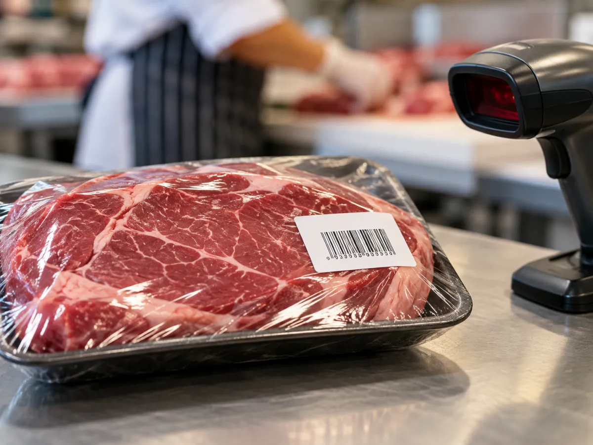 Carne embalada com código de barras