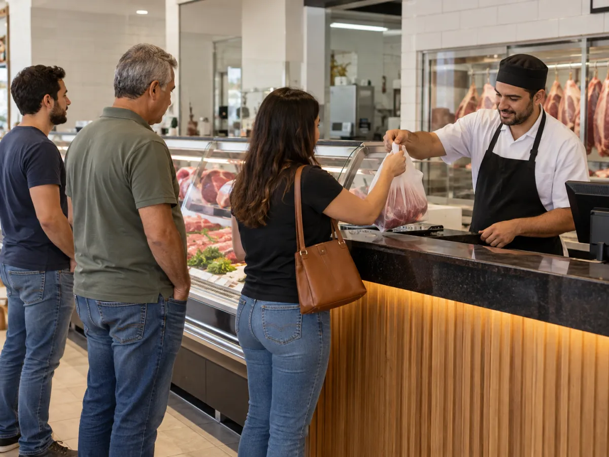 Atendimento no açougue com clientes