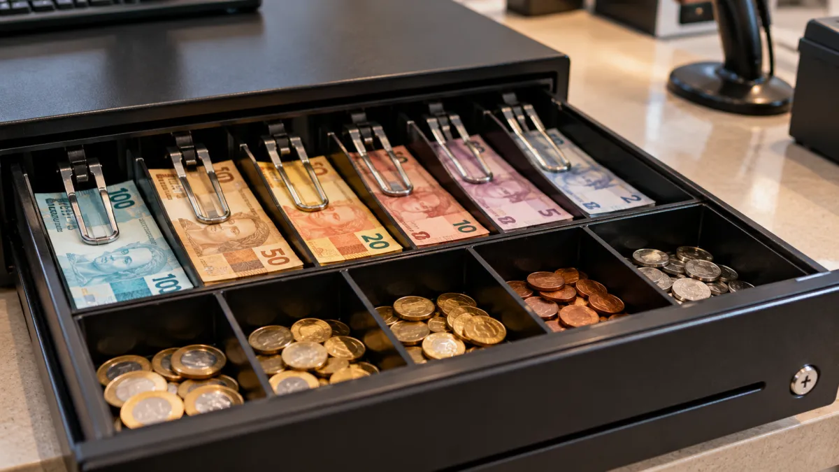 Gaveta de Caixa com Reais Organizados