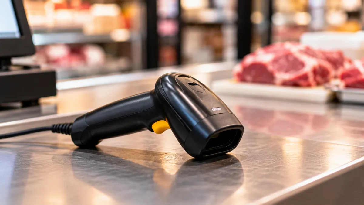 Leitor de código de barras no balcão de carnes