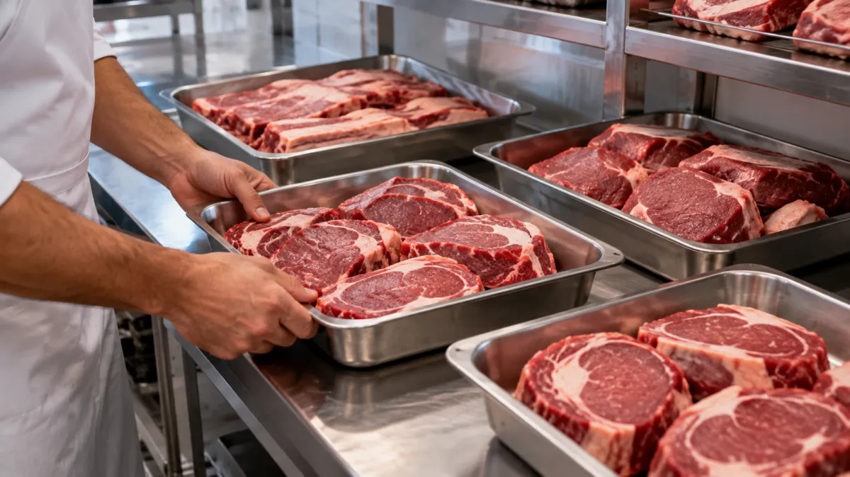 Bandejas com cortes de carne organizados durante a conferência do estoque físico do açougue