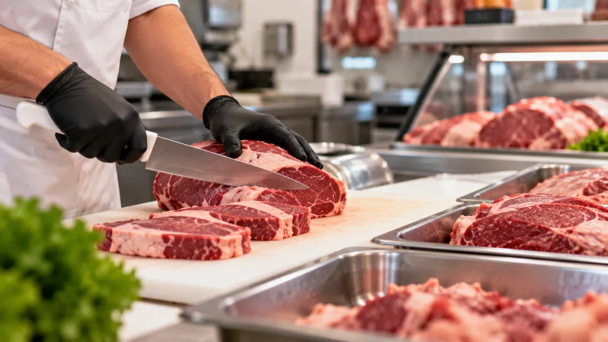 Açougueiro Preparando Cortes de Carne frescos