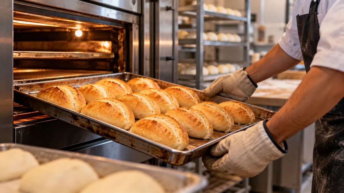 Padeiro retirando uma fornada de pães franceses do forno para organizar a produção conforme a demanda.
