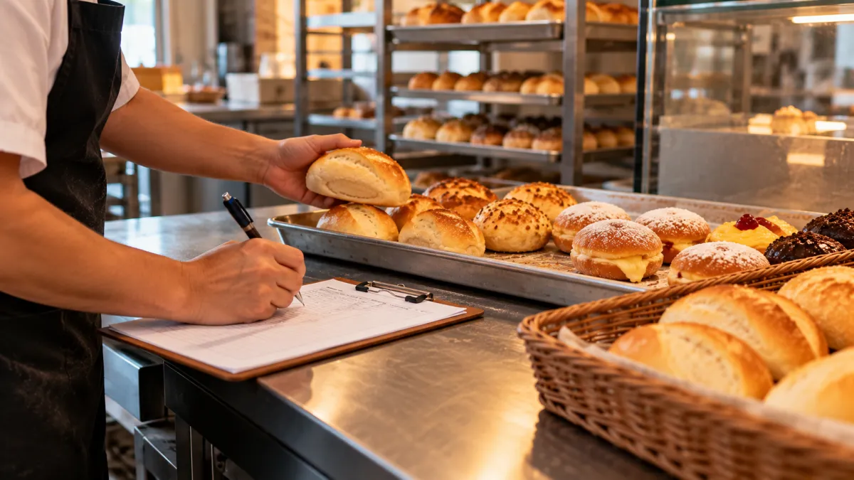 Funcionário de padaria conferindo pães e doces restantes e registrando informações em uma prancheta.