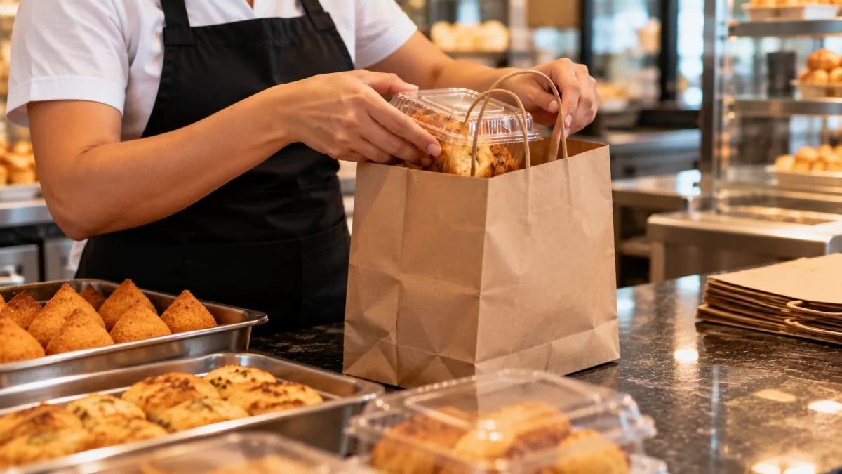 Funcionário de padaria conferindo produtos e colocando alimentos embalados em sacola de papel para delivery.