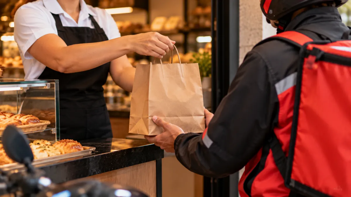 Funcionário entregando pedido de padaria em sacola de papel a motoboy com mochila térmica para delivery.