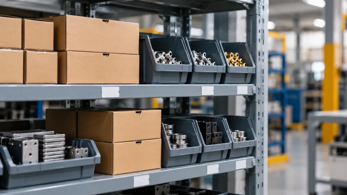 Prateleiras de armazém industrial com caixas de papelão empilhadas e bandejas plásticas organizando peças metálicas, em um ambiente logístico com estrutura de aço e foco no estoque