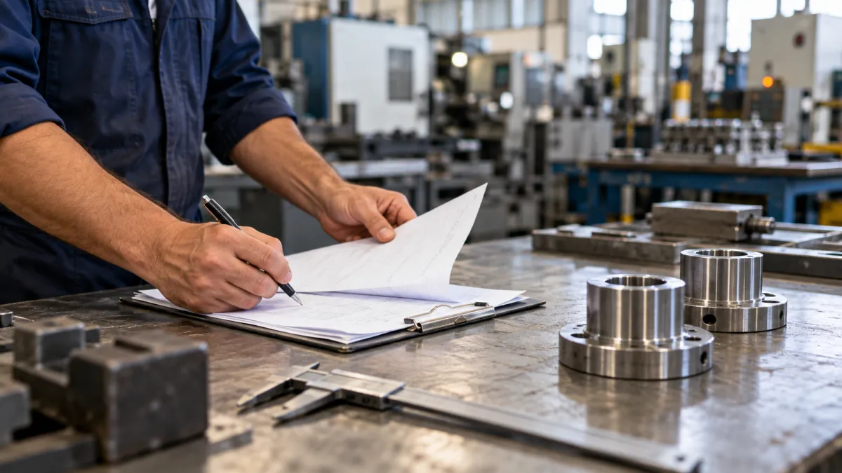 Funcionário conferindo registros manuais em uma bancada de produção industrial