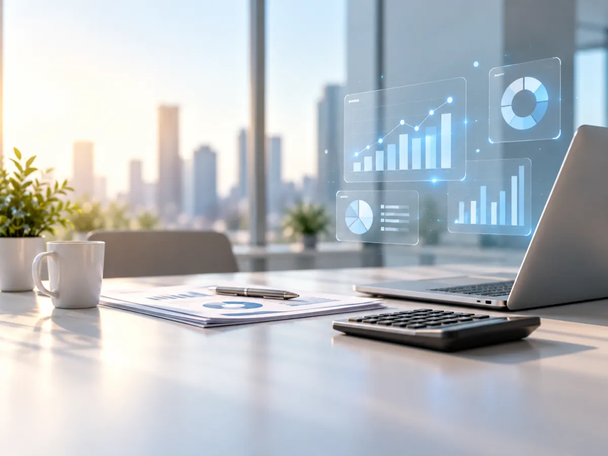 Mesa com Calculadora e Gráficos Financeiros