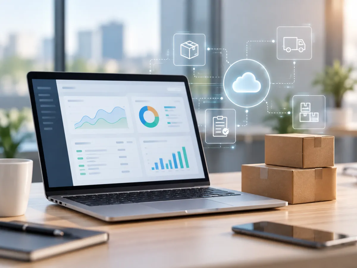 Sistema ERP em nuvem com ícones de integração entre estoque e vendas.