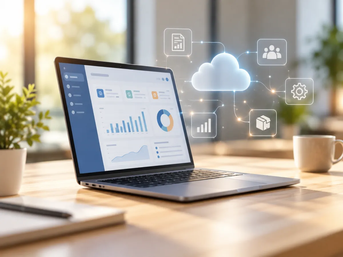 Notebook com painel de gestão empresarial e indicadores de desempenho.