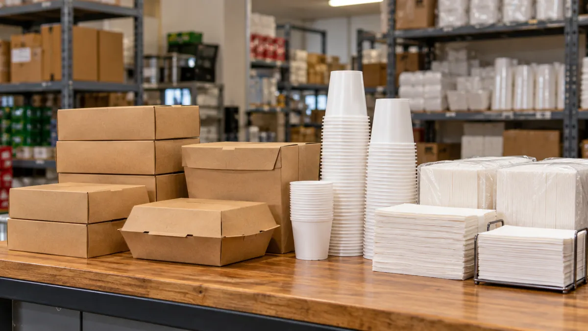 Caixas de papelão empilhadas e copos descartáveis brancos organizados sobre uma bancada em um depósito com prateleiras de estoque e materiais de embalagem
