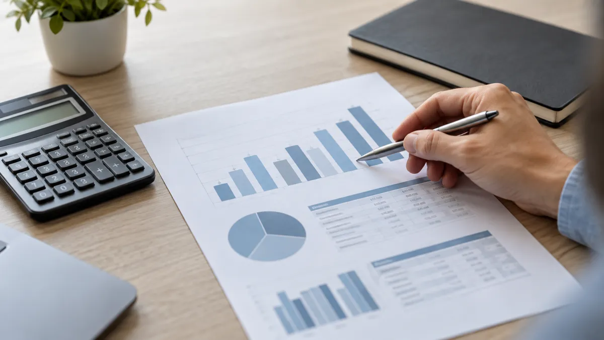Pessoa analisando um relatório financeiro com gráficos e tabelas, enquanto escreve com caneta sobre o papel em uma mesa com calculadora e notebook ao fundo.