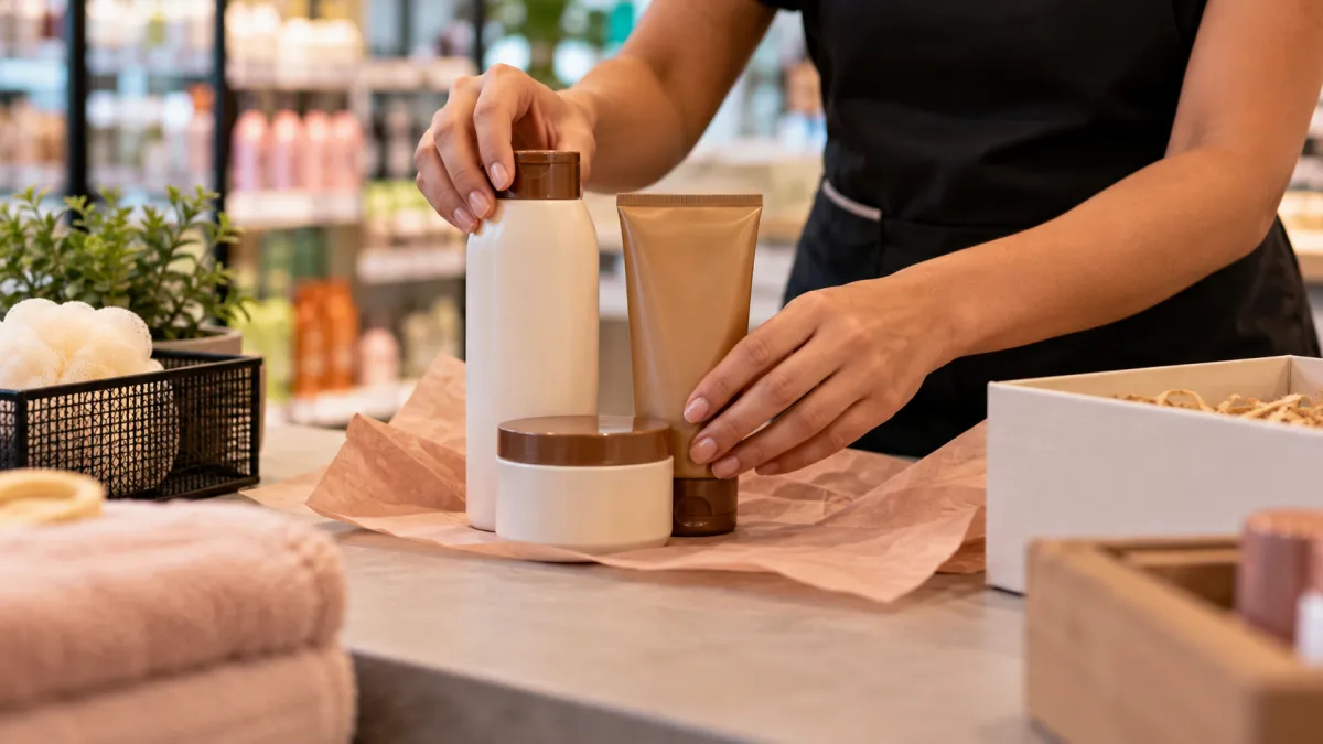 Funcionária organizando produtos de beleza para montar um combo promocional no balcão da loja.
