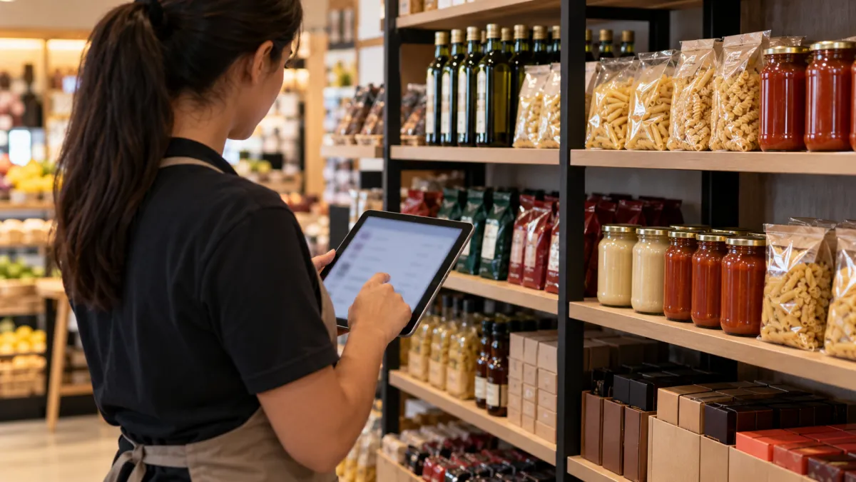 Funcionária conferindo mercadorias nas prateleiras com tablet para controlar o estoque da loja.