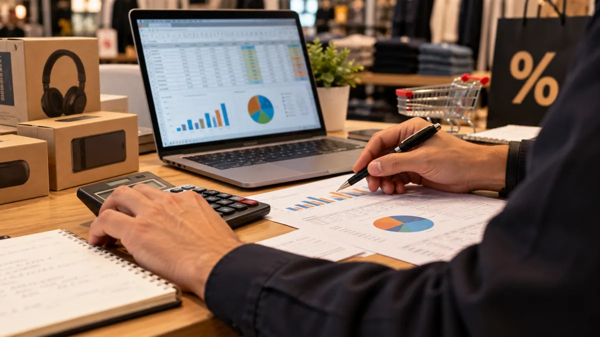 Lojista utilizando calculadora e relatórios financeiros para analisar custos e descontos promocionais.