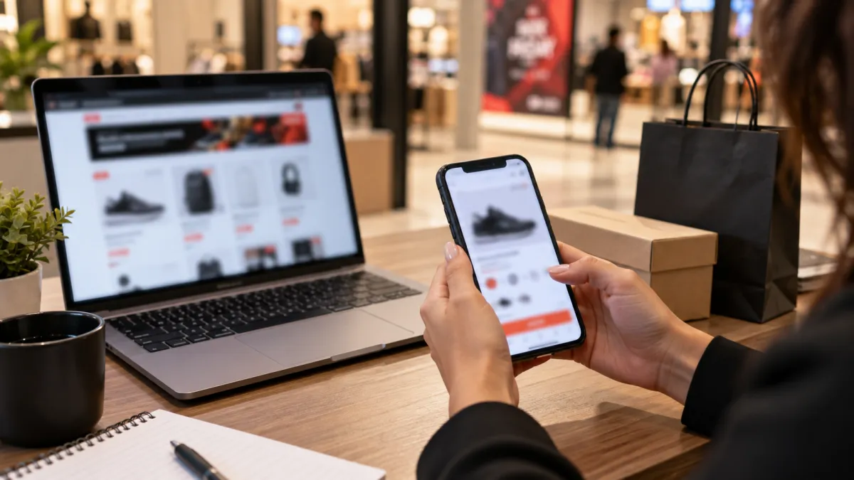 Pessoa consultando produtos em uma loja virtual pelo celular e computador para comparar ofertas.