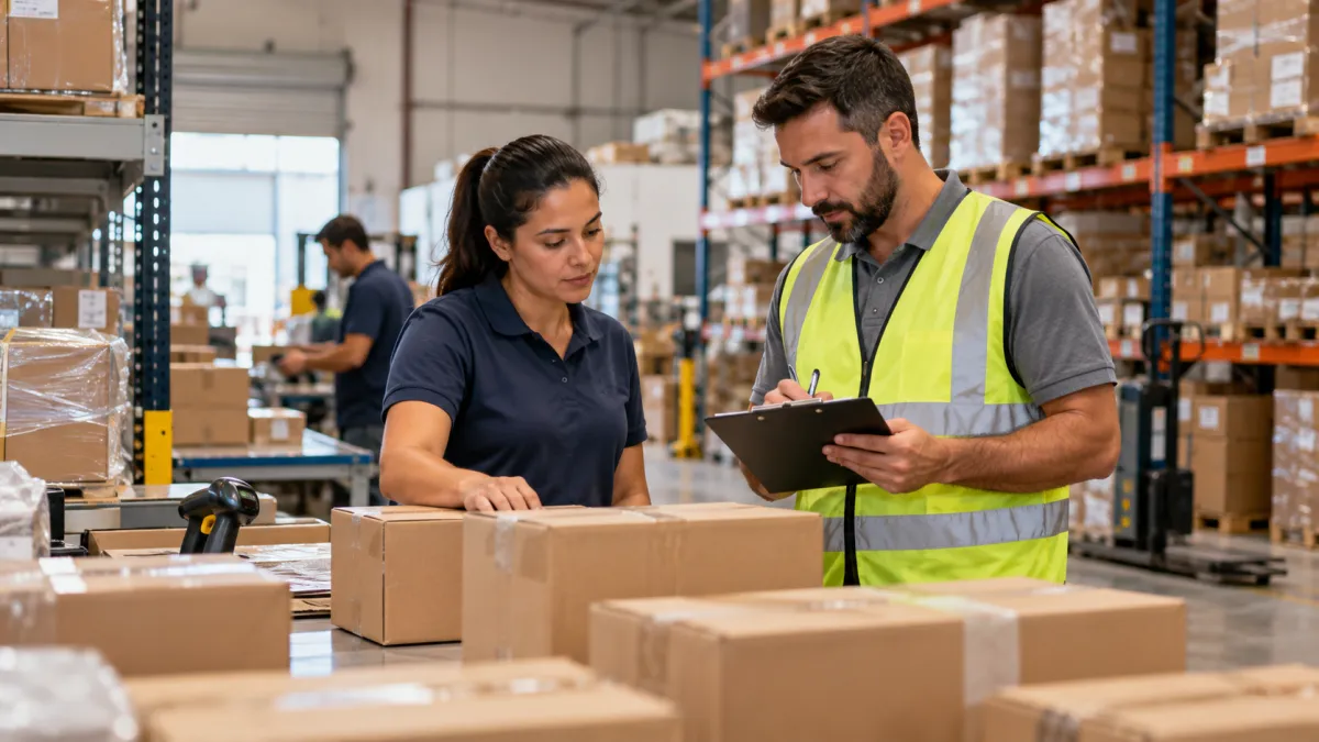 Dois profissionais verificam o andamento das atividades em uma distribuidora