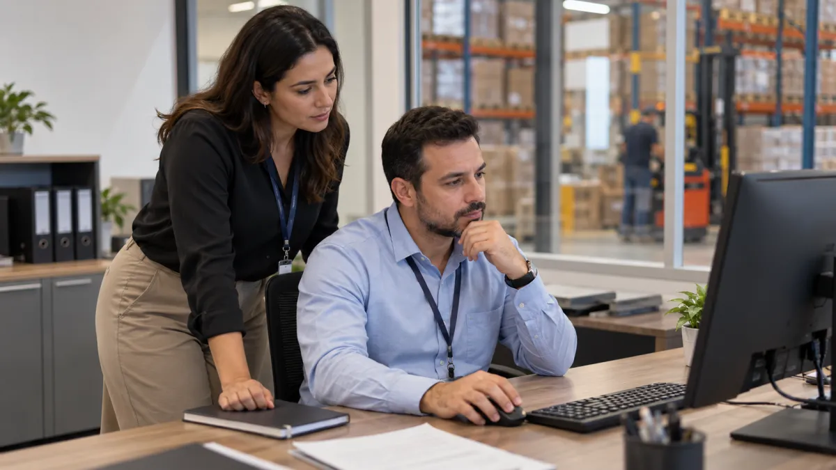 Um gestor administrativo e um colaborador analisam juntos as responsabilidades de acesso ao sistema da empresa