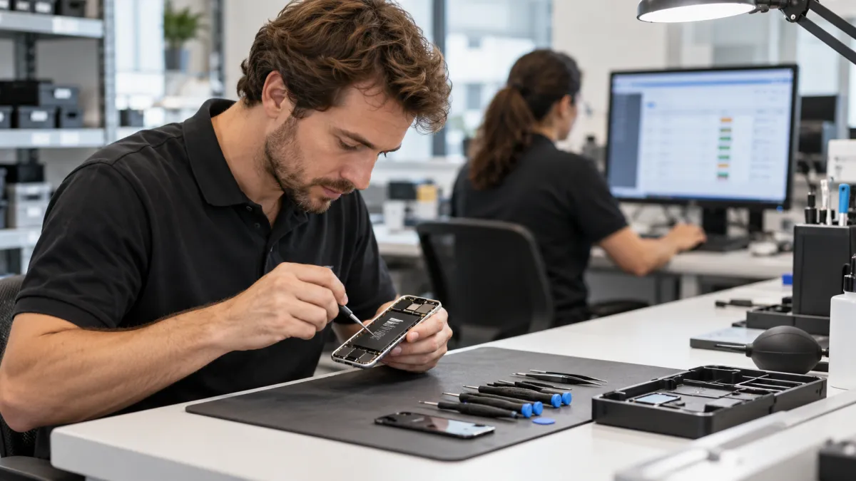 Técnico realizando reparo de equipamento em assistência técnica com controle de serviços informatizado.