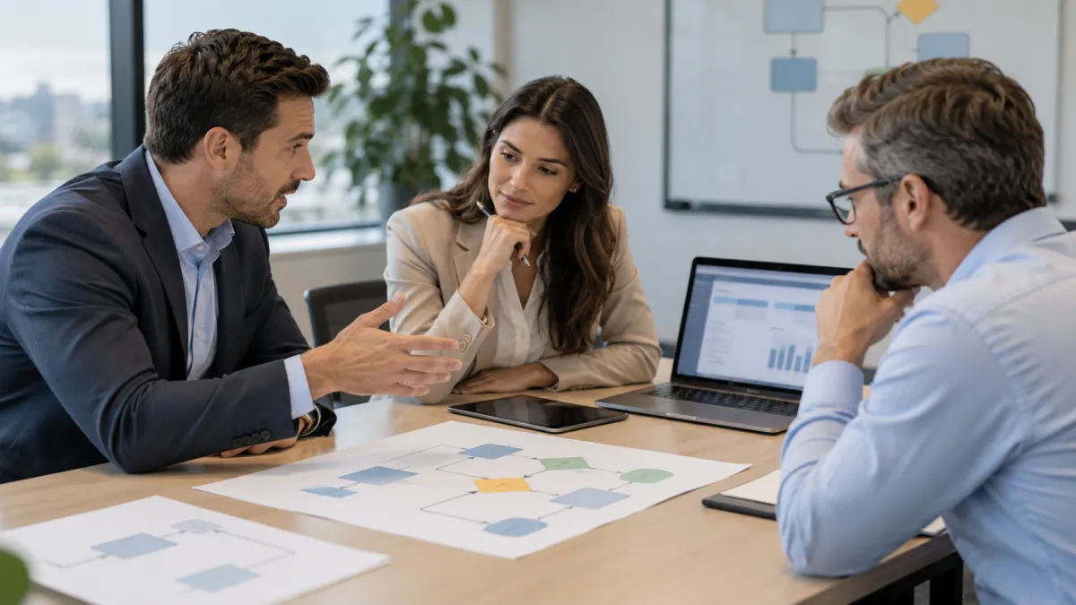 Equipe planejando a implantação de um ERP personalizado por meio do mapeamento de processos