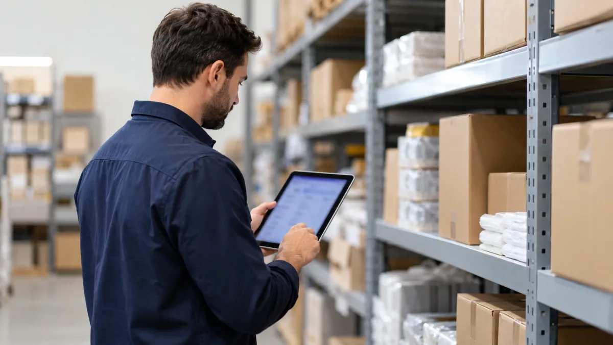 Profissional utilizando tablet para conferir produtos e movimentações de estoque.