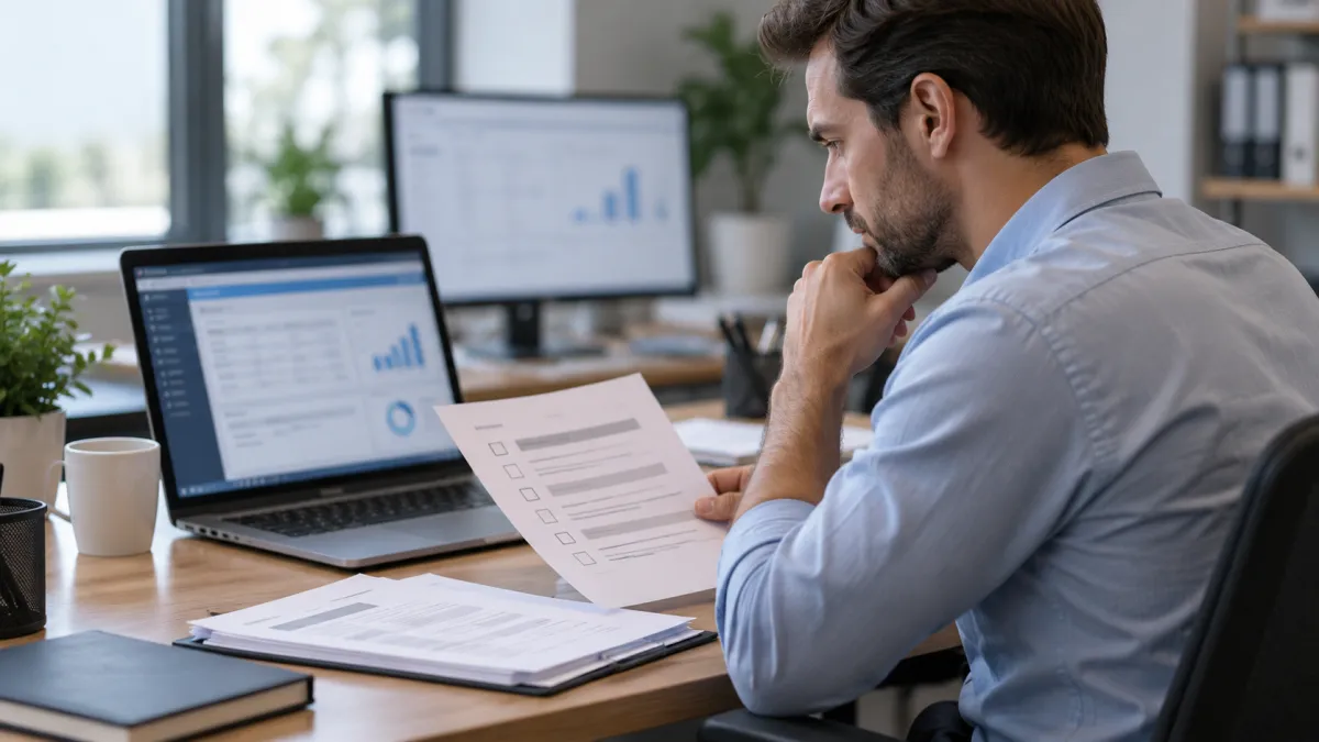 Gestor analisando documentos e limitações do sistema de gestão empresarial.