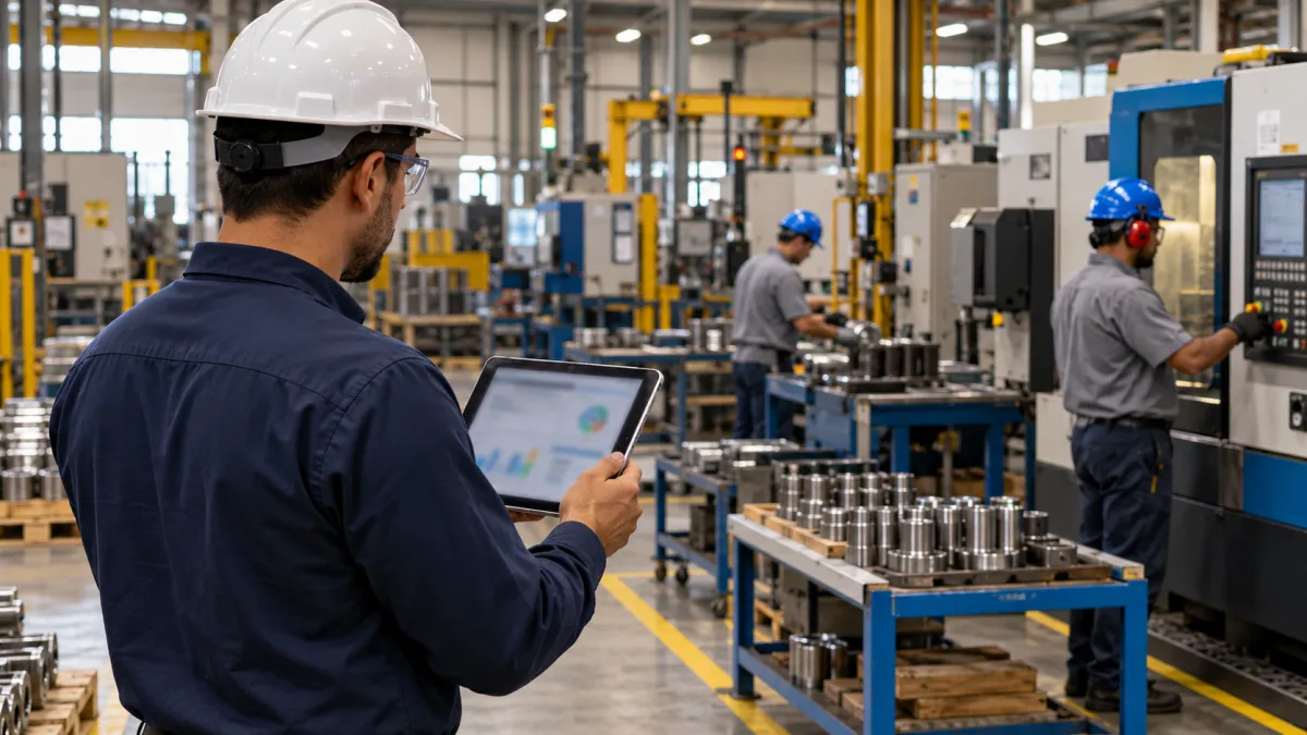 Supervisor industrial acompanhando a produção com tablet em fábrica metalúrgica.