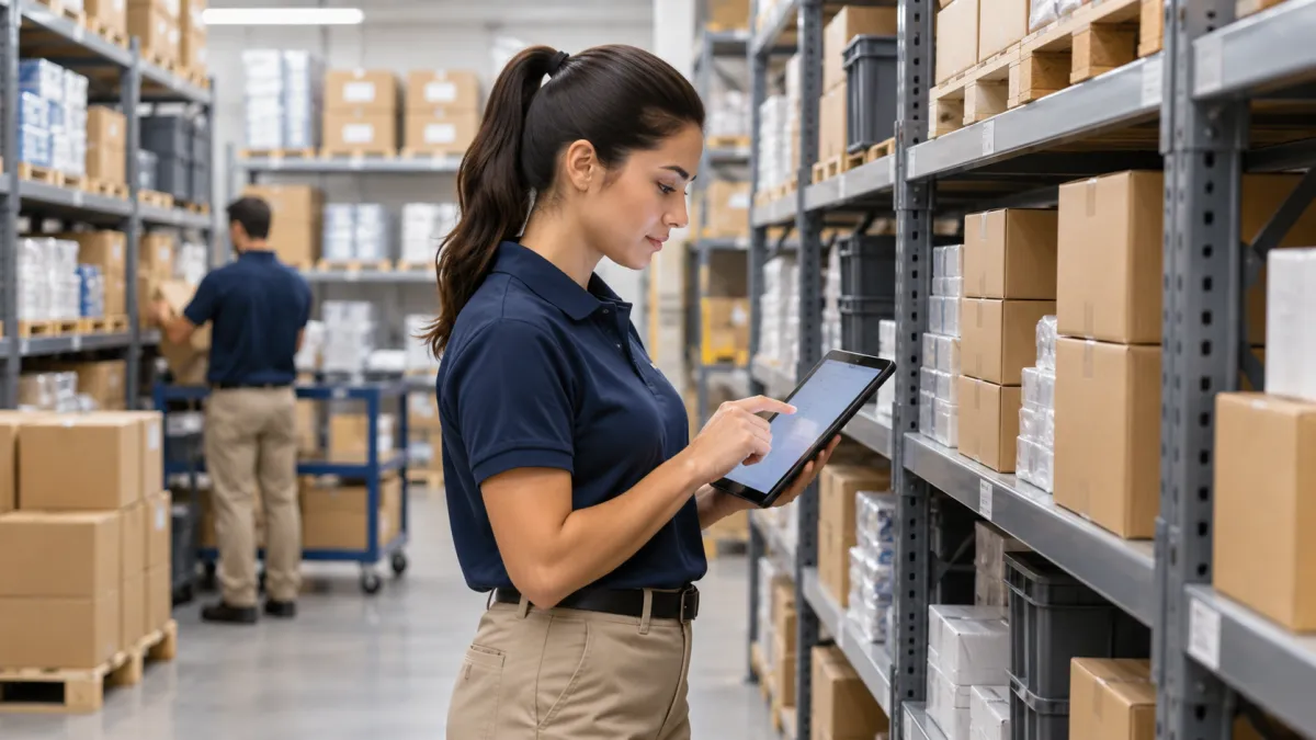 Funcionária realizando conferência de mercadorias e controle de estoque com tablet