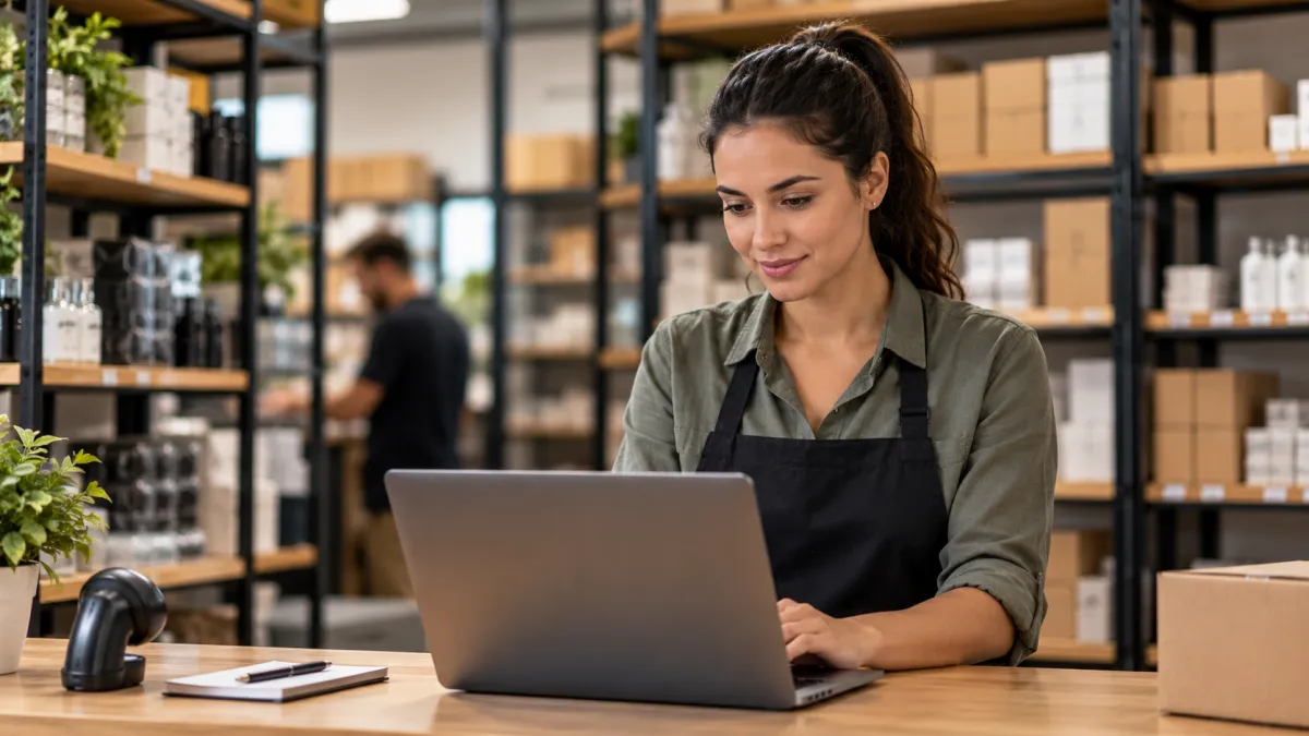 Profissional utilizando notebook para consultar informações de vendas e estoque.