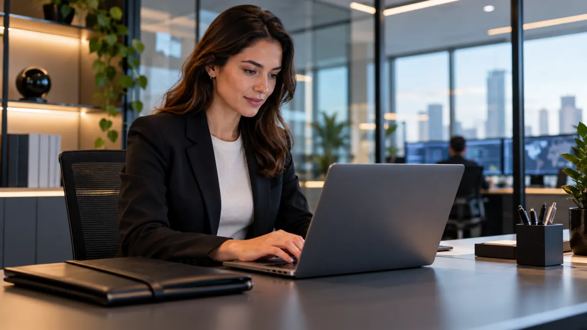 Profissional utilizando notebook em escritório para gerenciar informações empresariais.