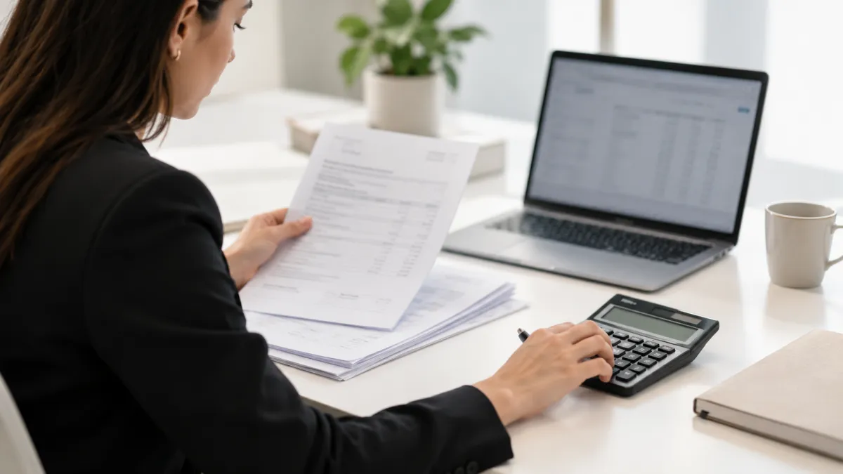 Profissional conferindo informações financeiras e documentos no computador