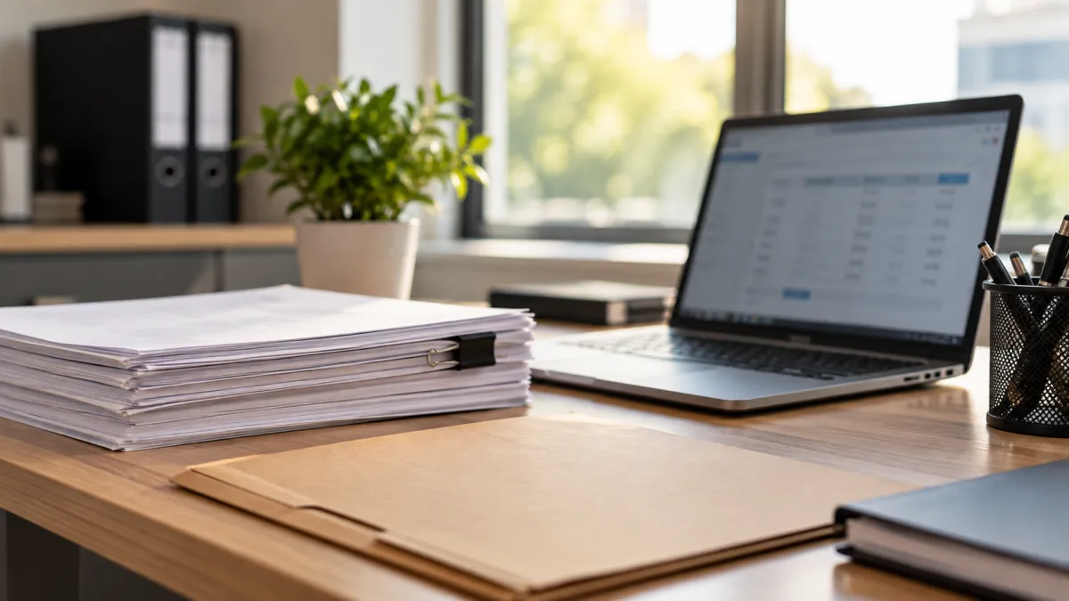 Espaço de Trabalho com Documentos e Laptop